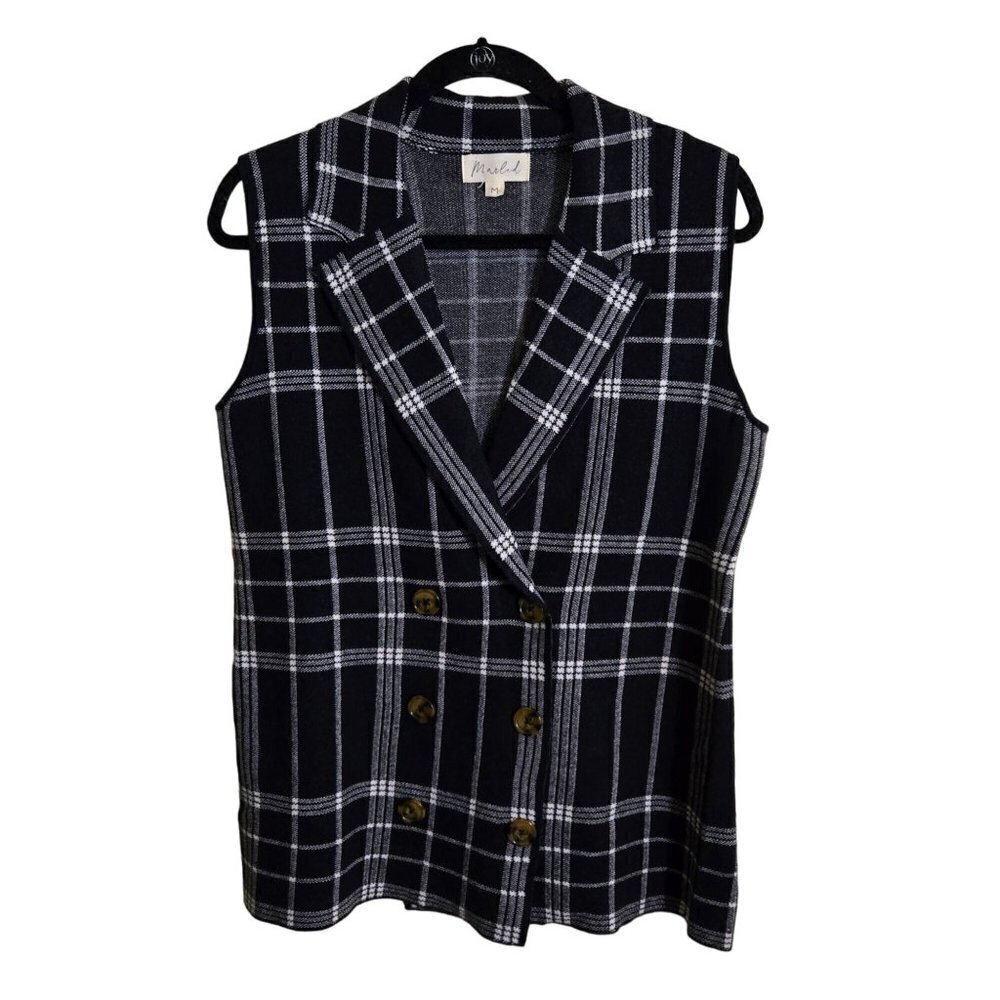 Marled Black White Plaid Double Breasted Sweater Vest Size M
